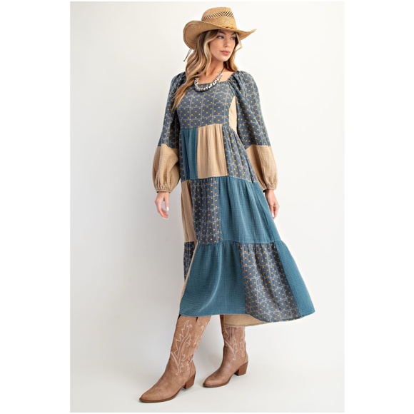 Easel Cotton Square Neck Color Block Patchwork Long Sleeve Dress - Picture 2 of 3